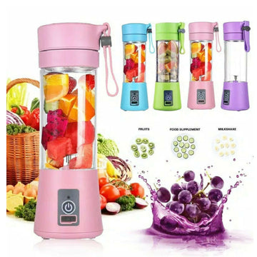 An array of portable blenders in various colors (pink, blue, green, purple) with fruits around them, indicating their use for making fruit juice or smoothies.