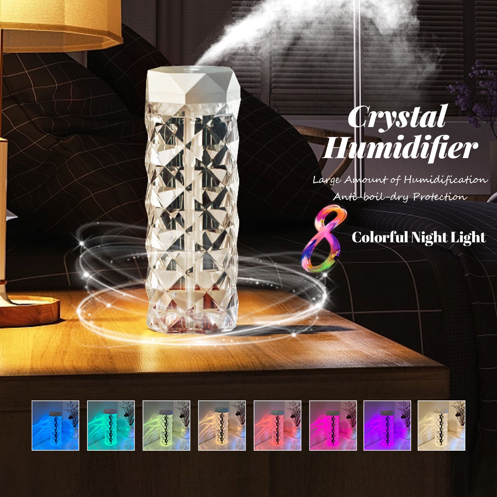 Crystal Air Humidifier with Color Changing LED Night Light Touch Control for Home and Bedroom