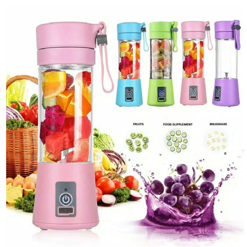 An array of portable blenders in various colors (pink, blue, green, purple) with fruits around them, indicating their use for making fruit juice or smoothies.