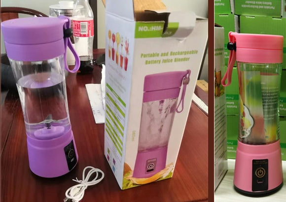 An array of portable blenders in various colors (pink, blue, green, purple) with fruits around them, indicating their use for making fruit juice or smoothies.